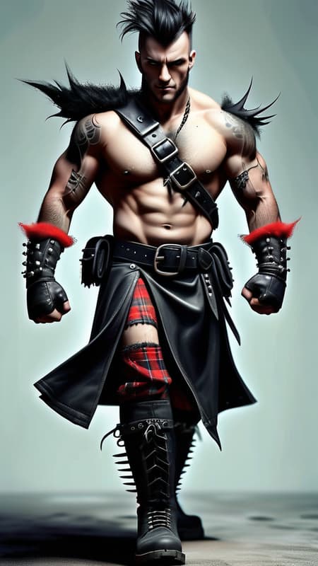 hypermasculine male super-hero. British Punk Rocker. Young man, college aged. Jet-black hair, shark fin Mohawk with shaved hair on the sides of head. Pale grey eyes, intense gaze, slight scowl on face. Handsome, strong brow and jaw. Soul Patch on face. Strong, muscular, sinewy, brute, broad chest and powerful legs. Extremely hairy hirsute body, especially on chest, torso, armpits and legs. Scorpion tattoo on chest. O-ring chain harness on chest. Black leather bracers/armbands with spikes. Dark red short cape, tattered and torn. Full kilt, red and black tartan pattern, no underwear underneath. Black leather studded belt. Kilt is worn and tattered, exposing hairy legs underneath. Black leather combat boots. Full body pose, fighting stance. British flag in background. hypermasculine male super-hero. British Punk Rocker. Young man, college aged. Jet-black hair, shark fin Mohawk with shaved hair on the sides of head. Pale grey eyes, intense gaze, slight scowl on face. Handsome, strong brow and jaw. Soul Patch on face. Strong, muscular, sinewy, brute, broad chest and powerful legs. Extremely hairy hirsute body, especially on chest, torso, armpits and legs. Scorpion tattoo on chest. O-ring chain harness on chest. Black leather bracers/armbands with spikes. Dark red short cape, tattered and torn. Full kilt, red and black tartan pattern, no underwear underneath. Black leather studded belt. Kilt is worn and tattered, exposing hairy legs underneath. Black leather combat boots. Full body pose, fighting stance. British flag in background.