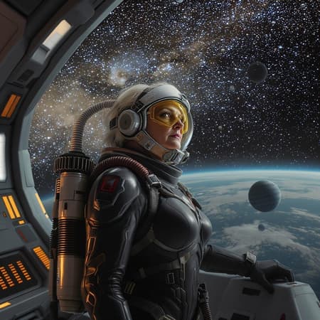 Grandmother space explorer in an ultra-high-definition scene, gazing at an alien sky filled with swirling nebulae and distant planets, her spaceship's gleaming hull reflecting the cosmic panorama. The view from below captures her determination, complete with a visor and respirator subtly illuminated by the celestial glow. Her suit's materials are a fusion of futuristic design and classic sci-fi elegance, echoing the aesthetic of Eddie Jones' cover art and the imaginative world of Harry Harrison's stainless steel rat universe. Intricate details weave through the scene, from the textures of her suit to the ornate patterns of the alien sky.