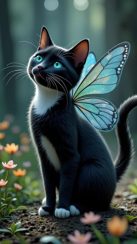   I see faeries. MEOW. She's a cat that walks between Earth and The Faerie Realm. She has powers that no other cat has: she can spit sparks when in danger to protect herself. Her little eyes shine like flashlights in the dark.  She can teleport from one place to another in a cloud of glitter.  She's telepathic and telekinetic. And most of all....she sees faeries. She plays with the sprites and pixies through sunlit glens and woods. The sprites shine like little stars, and the pixies leave trails of sparkly glitter. They play happily with each other, the cat and her tiny little friends. 
She's a short haired black cat with s white face and a white tipped tail. Bright happy periwinkle eyes, and a pink heart-shaped nose. When no one is looking, the cat will sometimes sprout a pair of big shiny iridescent butterfly wings and go flying with her faerie friends. Full body pose, smiling and playful, a happy cat. 