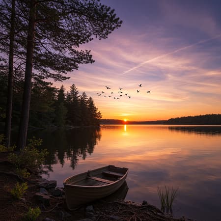 A serene sunset over a tranquil lake, the sky painted with hues of orange, pink, and purple as the sun dips below the horizon. Tall pine trees line the lake's edge, their reflections shimmering in the water. A small wooden rowboat is gently anchored near the shore, while a flock of birds flies gracefully overhead. Wisps of clouds stretch across the sky, adding texture to the scene. A gentle breeze creates ripples on the water's surface, enhancing the peaceful ambiance.