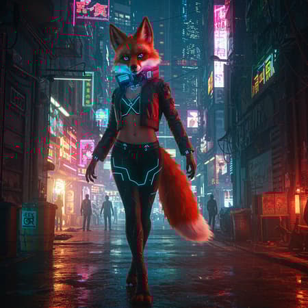 A vibrant red-haired fox-girl with striking blue eyes navigates the bustling streets of a cyberpunk night city. Her sleek, high-tech outfit mirrors the cutting-edge style of Cyberpunk 2077, glowing with neon accents that contrast against the dark, rain-soaked alleys. The city's towering skyscrapers loom above, their facades illuminated by holographic advertisements and vibrant neon lights, casting an otherworldly glow on her fox-like features. Despite the chaotic surroundings, she moves with agility and purpose, embodying the essence of a futuristic urban landscape in stunning UHD and HDR quality. Embracing the cyberpunk aesthetic, her presence adds an intriguing, fantastical element to the gritty, neon-filled world around her.