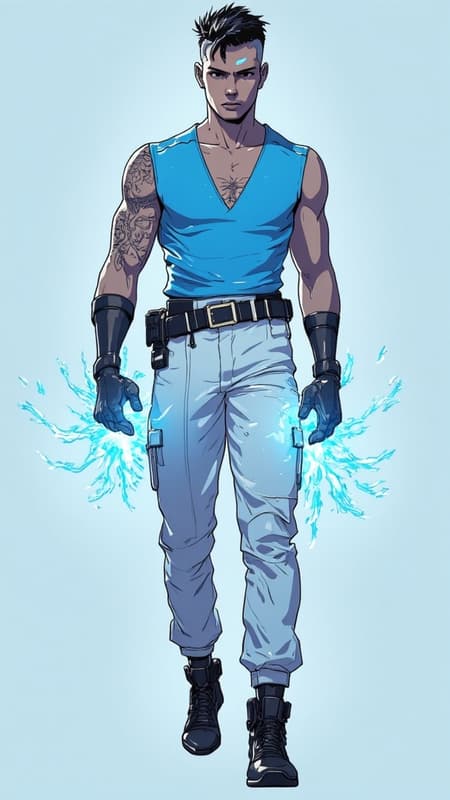 Male super-hero of Asian heritage, probably Japanese-American, ultra futuristic cyberpunk style. Tall, slim but muscular, sinewy. Short, black spiky fade hairstyle, close cut on the back and sides, longer on top. Black eyes, strong brow and jaw, high cheekbones, handsome. Clean shaven, no facial hair. Sleevless V-neck jacket, periwinkle blue in color, pointed at the shoulders. Pants are white and slightly baggy cyberpunk style, tapered at the bottoms, but roomy enough for him to fight. Black leather belt with metal studs around his waist. Short black leather bracers around his wrists. Black leather ankle length boots on his feet. 

Pale blue energy swirls around the crown of his head like an atom, constantly moving. He is a psionic with telekinesis and telepathic powers. He can move objects with his mind and attack with mental energy. Full body pose, likely using his power to levitate. 
