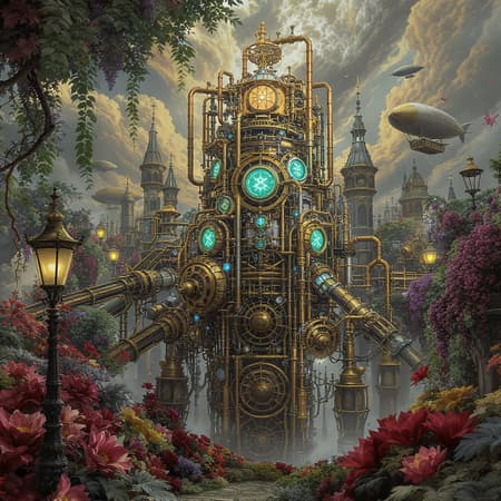 Steampunk, vivid palette, intense saturation, vibrant hues, intricate machinery, vintage aesthetics, gears and cogs, neo-Victorian style, bold contrasts, lush environments, mechanical marvels, colorful imagery, imaginative technology