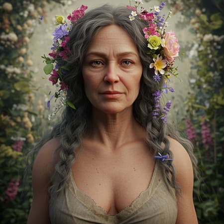 A hyperrealistic portrait of a 40-year-old woman with a baggy figure, adorned with flowers woven into her hair, set against an ethereal garden backdrop. The scene, inspired by the fantasy art of Anna Dittmann and featured on CGSociety, captures intricate details and textures in a single, captivating shot. Taken from a Dutch angle using a Cinestill Hasselblad with an 85mm tilt-shift lens, the soft lighting highlights the detailed skin and matte finish, showcasing every pore with subsurface scattering and heavy shadows typical of studio photography. The composition adheres to the golden ratio, resulting in a masterpiece of ultra-realistic, 8k quality. The woman's expression is serene, her eyes reflecting wisdom and a hint of mystery. With intricate floral elements blending seamlessly into the background, this image embodies a perfect blend of natural beauty and artistic precision.