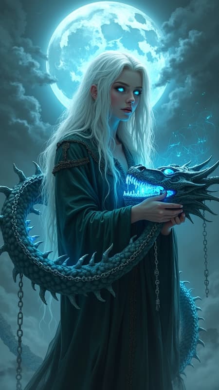 A haunting, ethereal fantasy illustration of a pale-skinned woman with long white hair and glowing cyan eyes, wearing tattered dark robes with chain details. She holds a dragon skull with glowing cyan energy emanating from its jaw, surrounded by a swirling skeletal dragon spine with glowing cyan threads resembling spiderwebs. The mood is melancholic and mystic. Art style: digital painting, highly detailed, fantasy art. Lighting: dramatic, moonlit, with prominent cyan glow. Colors: predominantly cool grays, blues, and cyan, with dark atmospheric tones. A full moon is visible in the cloudy background.