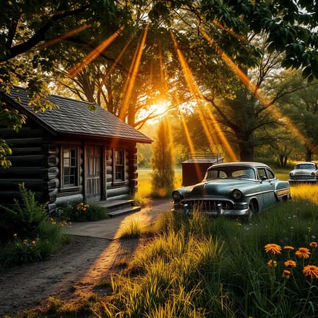 A weathered, vintage log cabin nestles beside an overgrown dirt road, its wooden façade worn and timeworn, bearing the rich patina of age. By its side, a rusted car, reminiscent of the sleek lines and chrome trims of the 1960s, sits forlornly, half-buried in wild tufts of grass that have claimed it over the decades. The cabin's front yard, now a tangle of weeds and wildflowers, sways gently in the breeze under the golden hues of a setting sun. Rays of light filter through the thick canopy of leaves above, casting intricate patterns across the scene. Shadows stretch long and angular, adding depth to the ultra-realistic, meticulously detailed image. The scene captures the essence of forgotten eras, a moment where nature and nostalgia spin a visual tale of bygone days and untamed beauty.