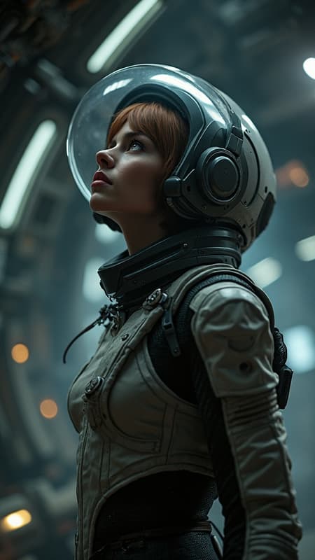 AI Cinematic Wallpaper Design Cinematic 8K wallpaper of Ellen Ripley from the Alien movie, wearing an astronaut suit with the helmet on and visor closed, striking a dynamic pose as she looks upwards. Set against the intricate interiors of the Nostromo space shuttle. The scene is infused with sci-fi elements, enhanced by Ray Tracing for incredible detail, and crafted with chiaroscuro lighting. The image is ultra-realistic, capturing promotional art quality with an epic feel. Overcast reflection mapping adds depth, while hyperphotorealistic elements are emphasized through rim lighting. The composition mirrors the precision of a Canon 5D shot, rendered in Octane for 8K resolution, maintaining a high degree of realism and stoic cinematic presence.