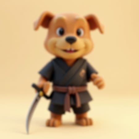 A low-poly 3D character design portraying Paco the Dog holding a gleaming short sword, styled in a captivating polygonal model. Paco wears a sleek black gi paired with a distinguished brown belt, set against a neutral cream backdrop. His face conveys an intense expression, emphasized with clean lighting and soft, gentle shadows. The overall look is reminiscent of a collectible toy, crafted as a game-ready asset render with a playful yet polished aesthetic. Subtle creative elements enhance the design, maintaining its playful essence while adding an unexpected charm.