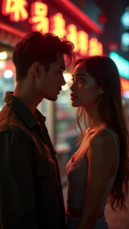 realistic portrait of an exceptionally beautiful girl and boy gazing into each other's eyes, appearing as young supermodels, set against an Asian night market backdrop with vibrant shop neon signs; city lights illuminate the scene. The girl has striking green eyes, a perfectly fit body, elongated legs, and a flawlessly symmetrical face with expressive doe eyes, highlighted by beautiful freckles and high cheekbones. Her long, luxurious hair flows like ink, enhanced by delicate makeup. The boy mirrors her allure with a strong physique and captivating features. Captured in ultra HD with HDR, the scene is infused with cinematic lighting, lens flare, and an atmosphere of melancholy. There's an extradimensional quality to their presence amidst the lively bokeh-filled background, evoking a sense of wistful romance in 8k resolution.
