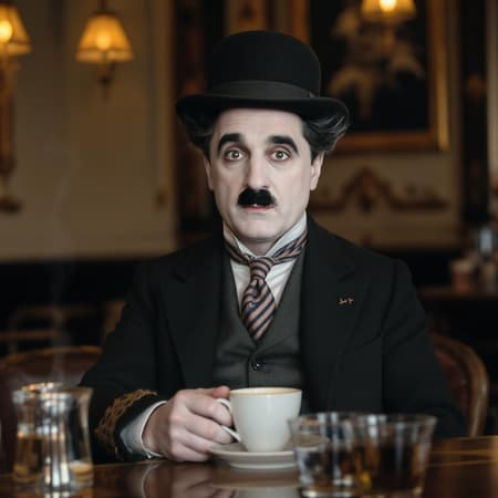 Hyper-realistic professional photograph of Charles Chaplin as if appearing in a modern-day movie, dressed as a wealthy and fashionable gentleman in the 1920s. Captured with a cinematic feel using a 35mm lens and an aperture of f/1.8, this image exudes the style of a fashion-forward Instagram influencer known for his love of coffee culture. The backdrop is reminiscent of a vintage café setting, blending classic charm with contemporary nuances. The aspect ratio is 16:9, emphasizing a cinematic perspective while maintaining the timeless elegance of the era.