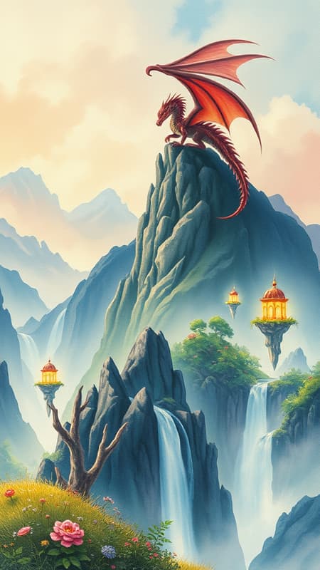 A regal Dragon rests atop a rugged mountain peak, surveying an enchanting valley dotted with levitating isles and cascading waterfalls, all bathed in the ethereal light of glowing flora. The scene is imbued with an aura of timeless mystery and awe, captured beautifully in watercolor on rustic paper, conveying both the grandeur and subtle enchantment of this mythical landscape.
