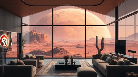 A cutting-edge modern living room with expansive windows reveals a breathtaking view of the Martian surface outside, blending fantasy with reality in a digital masterpiece. This photorealistic painting art, inspired by Midjourney and Greg Rutkowski, offers an extremely detailed 8k CG unity wallpaper experience. The scene captures a balance of high detail and fantasy, reminiscent of a Bryan Organ matte style, providing a mesmerizing and surreal escape in everyday life.