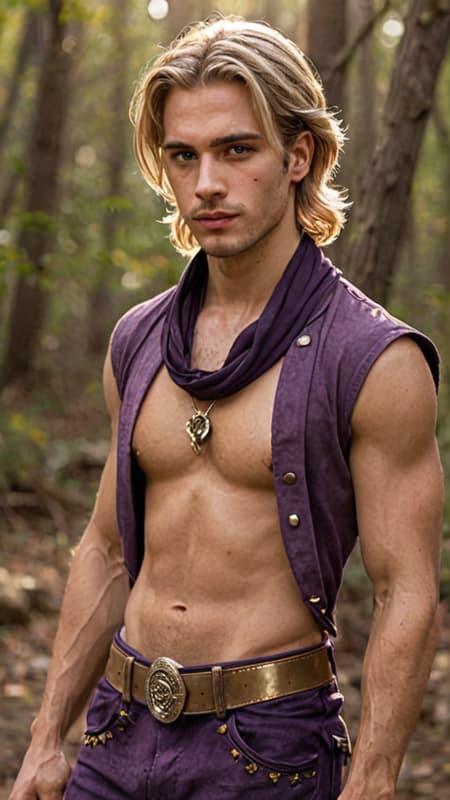 Gypsy, mystic, magical, walker between-the-worlds. Masculine male, late twenties. Medium length sandy blonde hair, purple scarf tied around forehead. Pale hazel eyes, intense gaze. Strong brow and chin, handsome, model, young. Soul patch on face. Lithe but sinewy body, muscular, strong, well defined. Wide shoulders, broad chest, narrow waist. Smooth body with minimum body hair. Purple, open suede vest, exposed chest. Golden Gypsy talisman around neck. White sport tights/pants, purple sash wrapped around waist. Purple suede knee-high boots, slouchy boots. Magical golden sparkling aura. Full body pose, celestial background. 