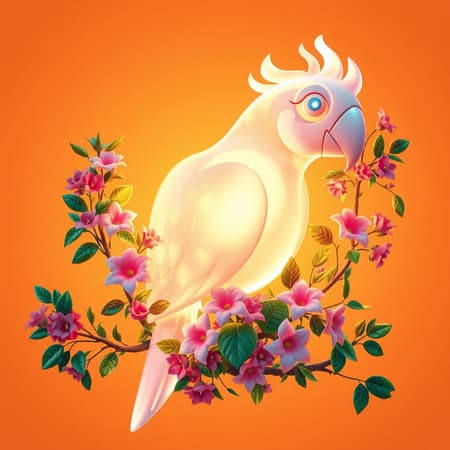 A luminous abstract 3D parrot-shaped structure entwined with vibrant foliage and blooming flowers, casting a soft glow against a warm, sunlit orange background. A luminous abstract 3D parrot-shaped structure entwined with vibrant foliage and blooming flowers, casting a soft glow against a warm, sunlit orange background.