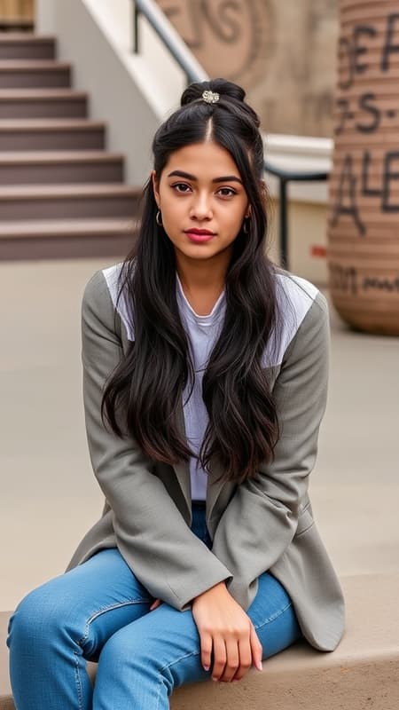 FlorencePugh3 Half-Up Half-Down: black hair This versatile hairstyle allows you to display both your hair down and pulled back. Simply gather the top portion of your hair and secure it with a charming hair tie or clip, leaving the rest of your hair flowing freely. It's an elegant and practical choice for school or social gatherings The Sitting/Leaning Pose: Choose an attractive spot to sit or lean against, such as a bench, staircase, or wall. Relax in the pose, cross your legs, or lean casually, letting the camera capture your natural appeal. This pose adds an effortless and laid-back vibe to your photos. Casual-Chic: Combining comfort with sophistication, consider high-quality basics like well-fitted jeans, a white button-up shirt, and a tailored blazer. Pair these classics with statement accessories or trendy sneakers for a stylish yet relaxed look perfect for everyday snapshots. Venice Beach: Famed for its vibrant and eclectic atmosphere, Venice Beach offers unique photo opportunities. Capture the colorful graffiti walls along the Venice Boardwalk, pose under the palm trees, or take photos on the sandy beach while enjoying the ocean breeze, ultra high resolution, real shadow, photographed using Canon EOS R6, 135mm, 1/1250s, f/2.8, ISO 400, men, male, smile, curly hair, afro, bangs, hats, child, kid, young smiling.