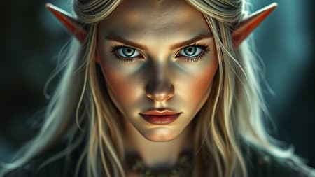 Galadriel-inspired fantasy character, elven female, engaging directly with the viewer, exquisite portrait photography, intricate and realistic skin texture, photo-realistic rendered in 8k, impeccably detailed, full-length frame, vibrant high-detail RAW colors, intense and captivating gaze, soft diffused lighting creating a magical atmosphere, shallow depth of field, sharp focus revealing hyperrealism, cinematic lighting emphasizing her ethereal beauty, atmospheric composition, avoiding any imperfections like text, errors, or low quality visuals, maintaining flawless anatomy and proportions, ensuring clarity without distortions or artifacts, devoid of any extraneous features or disfigurations, with a natural and elegant pose.