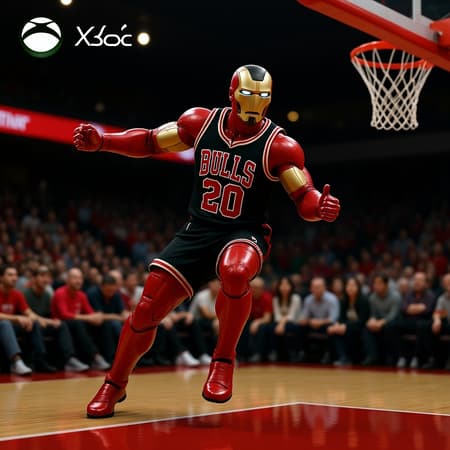 Imagine Ironman suited up in a Chicago Bulls jersey, seamlessly blending his iconic red and gold armor with the classic black and red colors of the Bulls. He's on a basketball court, poised mid-air for an epic slam dunk, his suit's repulsors subtly aiding his flight. The scene is rendered with Xbox 360 graphics, capturing every metallic sheen and fabric fold in surreal realism. The image is steeped in emotive realism, with Ironman's expression conveying determination and focus, his eyes glowing with an intense competitive spirit. The environment around him hints at an eerily realistic Chicago stadium backdrop, with blurred yet expressive audience members caught in the moment's excitement.