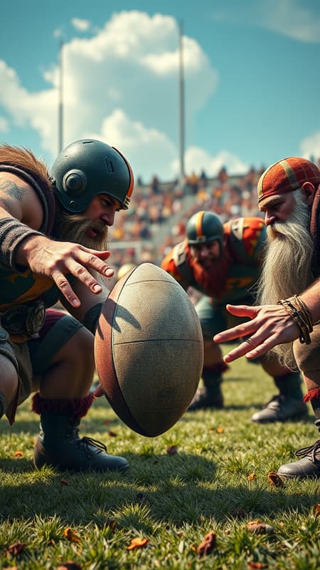 Dynamic realistic photograph on a vibrant fantasy football field featuring orks and dwarfs engaging in an intense match. The scene has highly detailed skin textures with a focus on the full body shots of the characters amidst the action. A 1000mm f/1.2 lens captures the magic of the moment, highlighting the intricate designs of their uniforms and gear. The rugby ball is intricately crafted, evoking a sense of fierce competition. Characters' hands are detailed with expressive gestures, showcasing a mastery of anatomy. The composition is colorful and dynamic, with an emphasis on high contrast and clarity, capturing the essence of the epic fantasy sport. Dynamic realistic photograph on a vibrant fantasy football field featuring orks and dwarfs engaging in an intense match. The scene has highly detailed skin textures with a focus on the full body shots of the characters amidst the action. A 1000mm f/1.2 lens captures the magic of the moment, highlighting the intricate designs of their uniforms and gear. The rugby ball is intricately crafted, evoking a sense of fierce competition. Characters' hands are detailed with expressive gestures, showcasing a mastery of anatomy. The composition is colorful and dynamic, with an emphasis on high contrast and clarity, capturing the essence of the epic fantasy sport.