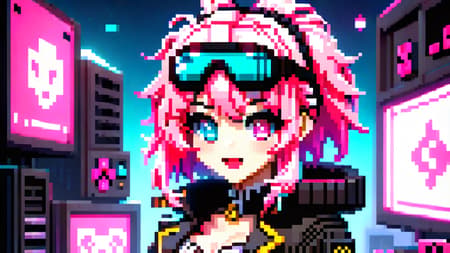 (swat man), (pixel art), detailed, torso, gloves, mask, goggles, action pose, trench coat, pink, surreal, strange, (full body sexy gamer girl with pink hair photo), vaporwave neon theme, woman, portrait, smile, laugh, open mouth, (upper body, bust shot, looking away:1.1), neon hair