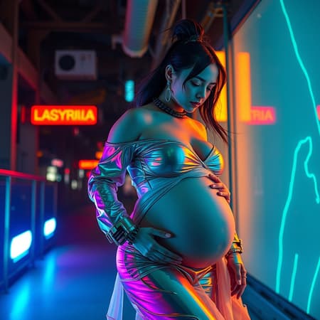 Unique cyberpunk-inspired maternity photoshoot with futuristic elements showcasing vibrant neon colors; featuring a female Instagram model captured by a Canon 5D Mark IV. The scene includes holographic projections and chrome accents, set in an urban dystopian backdrop; the mood is dynamic and full of movement. The attire merges tech-wear aesthetics with elegant maternity fashion, blending soft fabrics with metallic textures. The shoot embraces bold contrasts and dramatic lighting to highlight the model's silhouette, creating an avant-garde visual experience reflective of a colorful cyberpunk universe.