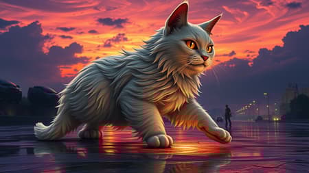 A mesmerizing hybrid creature fuses the grace of an Angora cat with the sleek allure of a Porsche 911. This extraordinary being boasts a feline form adorned with sumptuous, flowing fur, seamlessly merging with aerodynamic car elements. Its body glistens with glossy metallic textures, reflecting light across curved panels, while its eyes glow like headlights, exuding an intense presence. The paws, a blend of delicately engineered wheels and mechanical intricacies, strike a perfect harmony between the organic and automotive realms. Set against a captivating animated landscape at dusk, the scene is painted in a palette inspired by Makoto Shinkai, with a dramatic purple sky flanked by swirling clouds. Vivid orange hues of the sunset merge with the shimmering city lights that dance upon wet streets. The dynamic perspective draws the viewer toward a distant horizon, rich with lush colors and fluid brushstrokes, evoking a sense of awe and serenity.