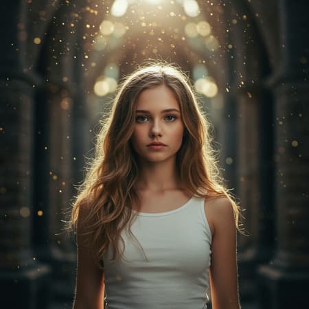 A stunning portrait of a single girl, featuring a highly detailed and intricate setting in the background. The image showcases best quality craftsmanship, resembling a masterpiece with exceptional detail, captured in 8k resolution and HDR. The scene is presented with a shallow depth of field, broad light sources, and high contrast, enhancing the visual appeal with backlighting and a gentle bloom effect. Light sparkles add a magical touch, accompanied by chromatic aberration for a unique visual experience. The image is sharp and focused, with vivid RAW colors enriching the composition. This captivating image is void of any unwanted elements like low quality, simplicity in background, flat colors, or anatomical distortions, resulting in an immersive and visually striking depiction.