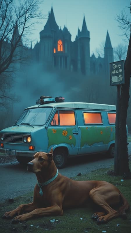 ArsMovieStill, movie still from a 1980s fantasy movie.
On a foggy night, a broken volvo van has a medium-blue paint base featuring a unique horizontal green stripe that slopes up and down across the van's bottom half. A couple of orange flowers serve as accents on the sides of the van over the green stripe. the background is Count Dracula's looming castle, framed by dead trees and glowing red windows. A brown great dane, He has a black nose and wears an off-yellow, diamond-shaped-tagged blue collar is next to a sign "Stay Based"