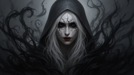 Portrait of a pale, hooded figure with long, flowing white hair, emerging from dark, swirling tendrils. The figure's face is cracked and sinister, with dark, sunken eyes and subtle red lips, gazing directly forward. Dark fantasy art style, digital painting, highly detailed. Dramatic, low-key lighting with strong chiaroscuro, emphasizing the eerie and mysterious mood. Predominant colors are deep greys, blacks, and muted whites, creating a somber and haunting atmosphere. Intricate cracks on the face resembling dry earth, abstract dark energy swirling around the figure.