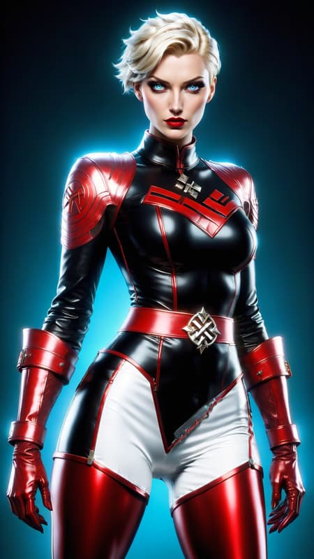 Sci-Fi dystopian world. Supervillain; she is their secret weapon and enemy to humanity, a member of the Neo-Nazi party. Genetically engineered to be a soldier and a telepath, she can read minds, attack minds, mind control, and influence peoples worst behavior, especially hate. She can draw large crowds and whip them into a fervor. She is also a fighter, and carries electrically charged throwing throwing stars shaped like swastikas. They explode when they hit their target. 
Caucasian female of German descent, Nordic good looks. Tall, slim but shapely, athletic, strong, fortitude. Pale blonde hair, pixie hairstyle cut very short on the sides and back, longer on top and flipped over one eye. (((Short hair))) Icy blue eyes with long lashes, intense stare looking into your mind. High cheekbones and full lips, very modelesque, dark red lipstick. She hardly ever smiles--- when she does, it's for all the wrong reasons. Her uniform is a white long sleeved spandex shirt with red stripes down the outside sleeves sides of the torso. There is a big red swastika on the front of the shirt-- she displays it proudly, unashamed. Black leather bracers on her arms, black shoulder pads, and black leather belt that meets in a V-shape at her waist. A form-fitting mid-thigh white skirt with red stripes down the sides. Sheer white leggings on shapely legs, and knee-high shiny black leather boots, high heeled but sturdy. She usually wears a shiny gold swastika pin somewhere on her person...she is unashamed. Full body pose, sending out brain waves to all that will hear..... 