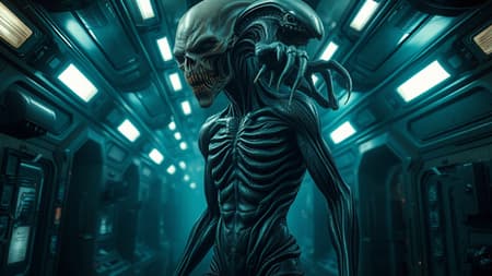 Masterpiece creepy and unsettling extraterrestrial creature with intricate alien skin and attire, set within a humid and intricately detailed spaceship corridor. The sci-fi scene is illuminated by flickering halogen lights and features muted dark colors for a high dynamic range effect. The alien stands in an aggressive, yet sultry full-body pose, showcasing a flawless and highly detailed face and physique adorned with alien tattoos and scars. The skin appears smudged and oil-greased, with complex details that reflect light and display wet, dripping textures. The atmosphere draws inspiration from The Alien film franchise, with photorealistic, hyperrealistic design rendered in 8K UHD and RAW, featuring an analog style reminiscent of HR Giger. The image is concept art fit for professional color grading with muted LUT, crafted by artists like Aaron Horkey and Jeremy Mann, and exhibits features like stacked torsos forming a totem pole. The creature's anatomy is deliberately wrong, with poorly drawn features, extra or missing limbs, and distorted, mutated forms, evoking a sense of unease with ugly, blurry, and grotesque elements akin to amputation. Despite these distortions, the overall image remains a haunting artistic vision.