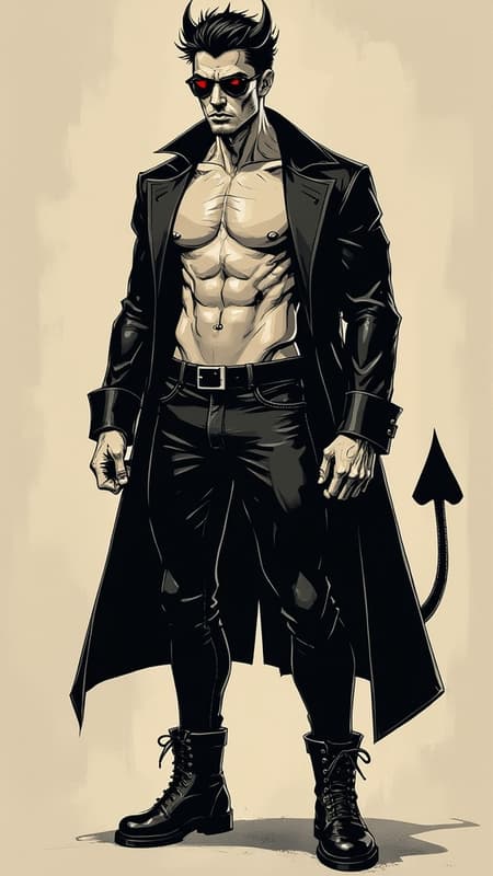 Super-hero. Sex symbol. DEMON?!!!  He used to be a bad guy, now he fights the good fight against evil! He's part of a super-hero team, and he brings the rage and the beat-down when neccessary--- but he's so cute while doing it, and all the girls just love him! 
Medium height but muscular, sinewy, well defined, lithe.  Masculine Caucasian male, handsome and cute. Hairless face other than soul-patch. Black curly hair in a tight faux-hawk, shaved on the sides and back, curly up top. Pointed ears. Sometimes during battle or an angry moment, a small pair of ivory white horns will pop out of his temples. His eyes glow red, but they're usually behind a pair of dark sunglasses. His fangs only show if he's angry or smiling-- he usually smiling and winking at some cute girl. He has retractable claws, they only pop out during battle. He prefers to wear muscle crop-top shirts to show off his abs, and really form-fitting pants to show off "other things". A pair of black leather combat boots on his feet. He wears a black trenchcoat with the sleeves cut off, open to reveal his outfit. He has a prehensile tail with a heart shaped tip, he usually keeps that hidden under the trenchcoat unless he's in battle or teasing some cute girl. He loves all the flirting and great PR he gets with his group. Full body pose, probably winking and smiling at some cute girl! 
{{{Prehensile tail with heart shaped tip}}} 