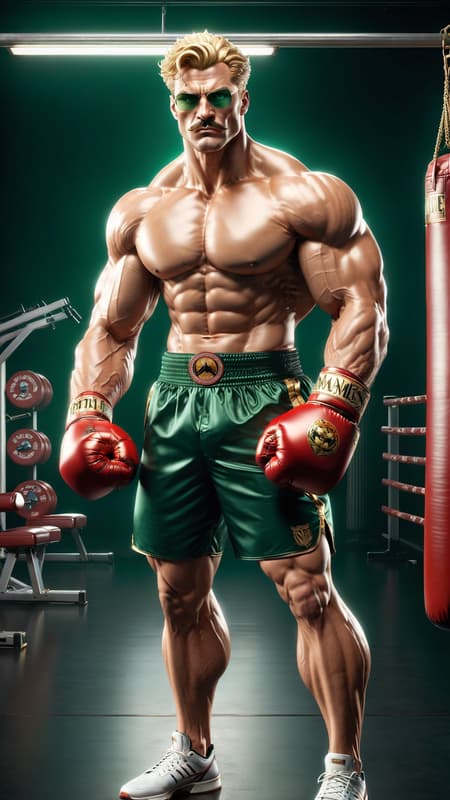 psychiatrist and psychologist for super-heroes. He is also ex-military, but still has his connections to the Marines; he is Black Ops, so they call him from time to time. He is also a very proficient boxer. When he's advising people, he wears his favorite dark blue suit with a tie and a pair of glasses. When he's boxing, he wears little more than a pair of boxing shorts and shoes. He is tall, muscular, sinewy, fit, athletic. Big muscles, broad chest and wide back, narrow waist. Handsome rugged masculine Caucasian male with mefium length golden blonde hair in a curly bob hairstyle. Malachite green eyes,  strong brow and jaw, neatly trimmed blonde mustache. Full body pose, either in a gym or his office. 