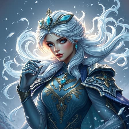 Elsa-inspired fantasy character in a Dungeons & Dragons setting, depicted in an intricate, elegant, and highly detailed digital painting. The artwork features sharp focus and is suitable for artstation-style concept art and illustration. The character is rendered with a matte finish, reminiscent of Hearthstone aesthetics. The style is influenced by the works of Artgerm, Greg Rutkowski, and Alphonse Mucha, presented in stunning 8k resolution. The scene is imbued with a magical atmosphere, showcasing swirling snow and icy elements, adding depth to the regal and powerful persona of the character, devoid of any negative imperfections.