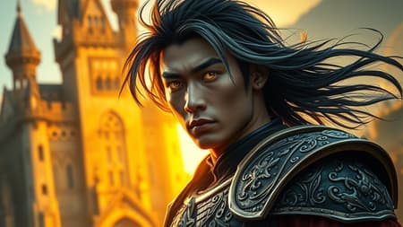 Medieval fantasy portrait of a strikingly handsome Asian male warrior adorned in intricate armor, standing before an ancient fantasy castle bathed in the golden glow of morning light. His flowing hair, a captivating blend of black and silver, frames a face marked by intense glowing eyes that flash like electric currents, suggesting a hint of unpredictable madness. The side light casts dynamic shadows, enhancing the aura of ominous charisma and untamed power surrounding him.