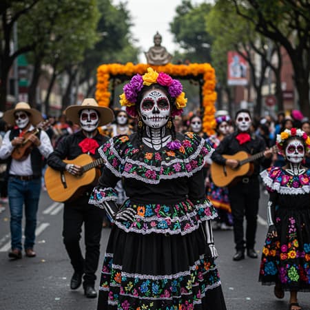 Capture the vibrant Día de los Muertos celebration in Mexico City, focusing on the lively parade with high-resolution, ultra-realistic photography. Highlight the intricate costumes and face paint, emphasizing the bright colors and cultural richness. Envision a lively and bustling atmosphere with families and musicians, capturing the deep sense of tradition and community spirit. Convey a vivid, dynamic scene with a touch of artistic flair, resembling a snapshot of cultural festivity and remembrance.