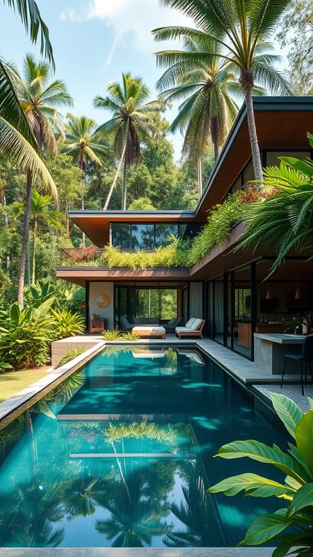 A stunning residence showcasing tropical modernism nestled within a lush forest, surrounded by vibrant greenery and towering trees, with large glass walls allowing an unobstructed view of the natural beauty outside, featuring open-air living spaces that blend seamlessly with the environment, an infinity pool that mirrors the sky and forest canopy, and a rooftop garden brimming with exotic plants and flowers.