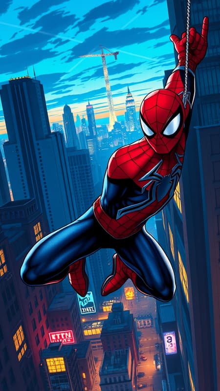 Spiderman, Miles Morales swinging through a vibrant cityscape, vivid comic art style, intricate detail, dynamic pose against an urban skyline, dusk lighting with a glowing city background, action-packed scene, tall buildings and neon signs in the distance, rich colors and high contrast, 9:16 aspect ratio.