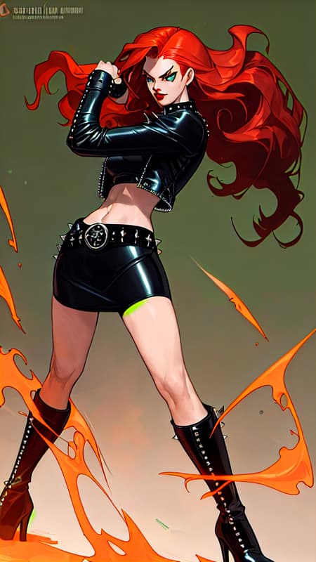Heavy Metal biker Chick, super-hero . Feminine young woman. Long, wild flaming red hair swept back on one side, loose curls. Jade green eyes, moderate make-up, ruby red lips. Pretty, model girl, athletic, tall, busty. Black leather jacket, black spandex T-shirt, studded black leather bracelets on arms. Black leather mini-skirt, studded leather belt. Long legs, thigh high stiletto-heeled black leather boots.  Red energy/fire from right hand/fist, blue energy/fire from left hand/fist.  Full body pose. She always has a Harley motorcycle somewhere close by, high powered and lights on. 