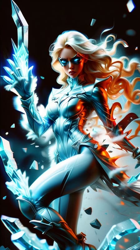 Super-hero, fire and ice,  controller of 2 elements. Tall, athletic, statuesque feminine Caucasian female. Icy blue eyes. Medium length golden blonde hair, volumous with side-parted fluffy bangs. She wears an icy silvery-white super-hero mask over her eyes. 

Form-fitting body suit, sleeveless fiery-red top with silvery-white trim around the arm holes and a high collar, trim is shaped like flames. Diamond shaped cut-out in cleaveage area. Boots are high heeled and also fiery-red,  knee high and tops of boots are also flame shaped. Silver chrome v-shaped belt around her waist, a sheer gossamer silvery white skirt with pieces shaped like icicles composing the shape of the shirt, icy blue crystalline Sheen on some if it. Icy blue long sleeved gloves with same crystalline sheen. She can create flames in one hand, ice in the other. She is a master of both elements, and her moods run hot and cold. Full body pose, flying through the air on wind currents. 