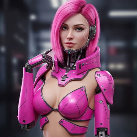 A stunning cyborg woman adorned in striking pink combat armor, her vibrant pink hair perfectly complementing her cyberpunk aesthetic. She exudes confidence and allure, the high-tech design featuring futuristic elements with hints of sleek lingerie that add a flirtatious edge to her presence. Her eyes lock onto the viewer with a magnetic charm, inviting and intriguing. The portrait captures the fine details of her realistic skin, beautifully rendered with photorealistic precision. The composition boasts an 8k resolution, full-frame, with high detail and rich RAW color art. Lighting is softly diffused, creating a cinematic atmosphere with a shallow depth of field that ensures sharp focus on her captivating form. The vision eschews imperfections, showcasing perfect proportions, seamlessly integrated limbs, and a meticulously drawn face. This hyperreal depiction is devoid of any unintended anomalies, presenting a flawlessly crafted and compelling portrait.
