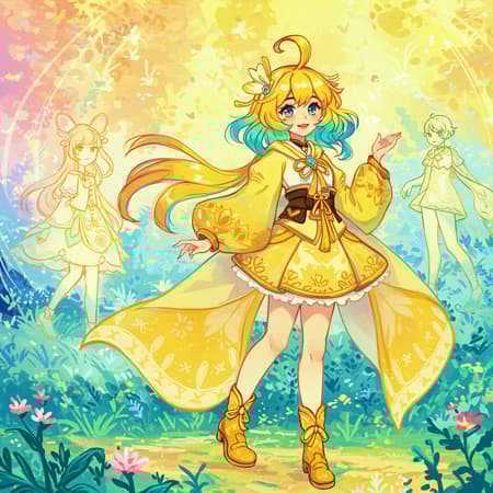 A vibrant girl with kaleidoscopic hair stands gracefully within an enchanting painting, inspired by the art style of Yanjun Cheng. Her appearance captures the essence of charming anime characters and fantasy artistry, with a harmonious blend of yellow and cyan hues. The composition is rendered in 32k UHD, showcasing ethereal figures and an entrancing rainbowcore aesthetic that adds a sense of wonder and mystique to the scene.