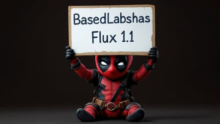 a baby deadpool holding a sign saying "BasedLabs has Flux 1.1" a baby deadpool holding a sign saying "BasedLabs has Flux 1.1"