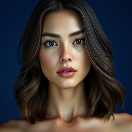 A woman with loose, shoulder-length hair stands against a deep blue background. Her skin has a shiny, reflective quality, characterized by lifelike subsurface dispersion. Her bushy eyebrows frame her face, which is rendered in ultra-realistic detail with cinematic quality. The lighting enhances every contour, creating a photorealistic effect reminiscent of an 8K octane rendering. Her small breasts and complex skin texture contribute to the realism, while the scene is completed with volume lighting and ray tracing, akin to visuals found in an Unreal Engine setup. Highly detailed and meticulously crafted, this image captures a sense of realism in a perfectly framed shot.