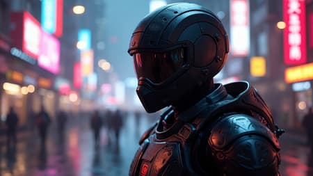 Futuristic law enforcement officer clad in sleek cybernetic black armor patrolling a vibrant cyberpunk metropolis, the modern exosuit glistening with reflections of neon lights, showcasing reflection mapping and intricate design elements. The atmosphere is enhanced by dramatic, photorealistic lighting capturing cinematic realism in an 8k resolution scene, rendered in Unreal Engine and Octane Render, with a compelling depth of field effect --ar 9:16 --v 5.