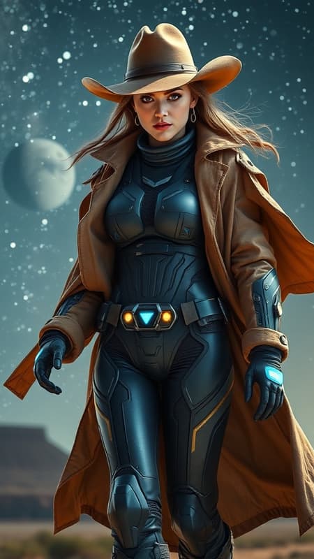 Space Cowgirl A confident and adventurous Space Cowgirl strides boldly through the cosmic frontier, her rugged duster coat fluttering dramatically against the backdrop of stars. Her ensemble is completed with a timeworn, wide-brimmed hat, tilted perfectly to cast a mysterious shadow over her intense eyes. Encasing her form is a sleek, cutting-edge bodysuit with gundam-inspired armor, adorned with luminous, pulsating accents that pulse rhythmically with her heartbeat. Her presence exudes both an untamed spirit and a futuristic prowess, embodying the fearless essence of a traveler of the galaxies.