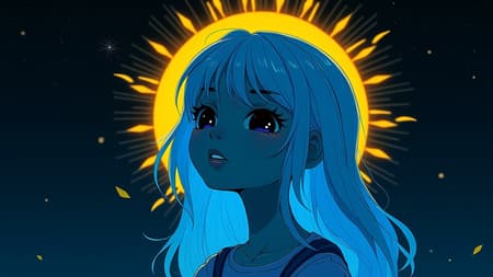 Blue Girl Gold Artwork A luminous blue girl with a radiant gold halo, depicted in neon realism, evoking darkly romantic illustrations. The palette blends dark whites and glowing yellows, conveying a solarpunk ethos. The scene captures a brooding mood with simplistic cartoon elements, leaving one in awe of its beauty.