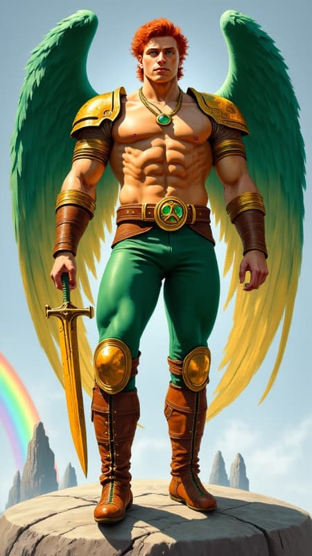 Angel of Ireland. Tall, muscular, brawny, athletic, bodybuilder, massive muscles, broad shouldered. Fair skinned, handsome, masculine, rugged good looks. Chiseled squared jaw. Emerald green eyes with chartreuse flecks, bright and clear. Bright auburn-red hair, curly fade asymmetrical hairstyle cut very close on sides and back, loose curls on top of head. Thick brown leather diadem with Celtic carved patterns around his forehead. 
Bare chest, but gold necklace with triskelle pendant around his neck, emerald gem at the center of pendant. Gold layered pauldrons on his shoulders,  Celtic designs carved into the metal. Brown leather bracers on his thick forearms, adorned with gold grommets. A thick brown leather belt around his waist, also adorned with gold grommets. The belt buckle is a thick heavy gold disc with a triquettra carved into it, an emerald gem at the center. A pair of shiny emerald green form-fitting tights/pants with obvious bulge in crotch. He wears a pair of knee-high brown leather boots with gold zippers on the outsides of the legs, straps and buckles up to the knees. Shiny gold knee-pads with brown straps to hold them on. His angel wings are huge, fanning out beyond his shoulders. The wings are emerald green with shiny metallic gold tips and pinfeathers. He carries a huge gold bastard sword with Celtic carvings on the blade. Full body pose, standing on a rocky hill. There's a rainbow in the sky, and possibly some faeries/sprites nearby to accompany him. 