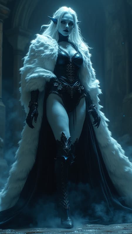 Supervillain, feminine woman. Alien vampire. Powerful, evil, otherworldly, sci-fi. Her aura glows with a cold, pale bluish-white light, her eyes shine in the dark. Tall, slim but curvy, lithe, strong. Her feet never touch the ground, she floats/levitates in the air. Pale white corpse skin, make-up in various shades of blue. Long, silvery-white hair down to her back, all one length and side parted, hanging over one eye. Pointed elf-like ears. Fangs, dark blue lips, like a dead person. A black leather choker around her neck. Black and midnight-blue lingerie with long, Gothic sleeves. A white fur stole draped around her shoulders. A sheer, black, bat-like night robe with Midnight blue accents. Thigh-high black leather boots with stiletto heels. Full body pose. 