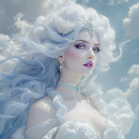 Fantasy sky queen with flowing hair resembling clouds, photorealistic depiction, natural lighting highlights her ethereal presence, captured with a macro lens. Inspired by the artistry of Gerald Brom, she exudes a serene aura, enveloped in baby blue and mint hues with pastel accents. Her skin is a flawless alabaster, and the image depth of field accentuates her divine essence.