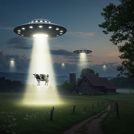 A photo-realistic landscape captures a surreal scene where a cow hovers peacefully in a glowing beam of light, several feet below a mysterious UFO, casting an ethereal glow across the landscape. The UFO hovers in serene stillness near a rustic farmhouse, blending the tranquility of zen buddhism with the dreamlike, ethereal qualities of fantasy. The scene borrows elements from the Die Brücke art movement, evoking vibrant contrasts and bold lines that lead the eye through this fictional landscape. The dreamlike imagery blurs the line between reality and imagination, as the entire composition bathes in a soft, otherworldly light, creating a harmonious balance that is almost meditative, yet captivatingly surreal.